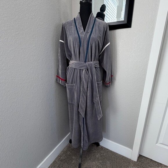 CHRISTIAN DIOR Vintage 80s Grey Velvet Velour Belted Robe One Size - Picture 2 of 11